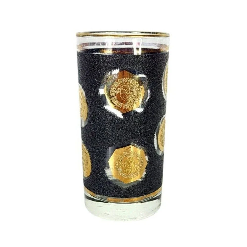 Vintage Libbey 60s MCM Black Gold Old World Coin Highball Tumbler Barware Glass